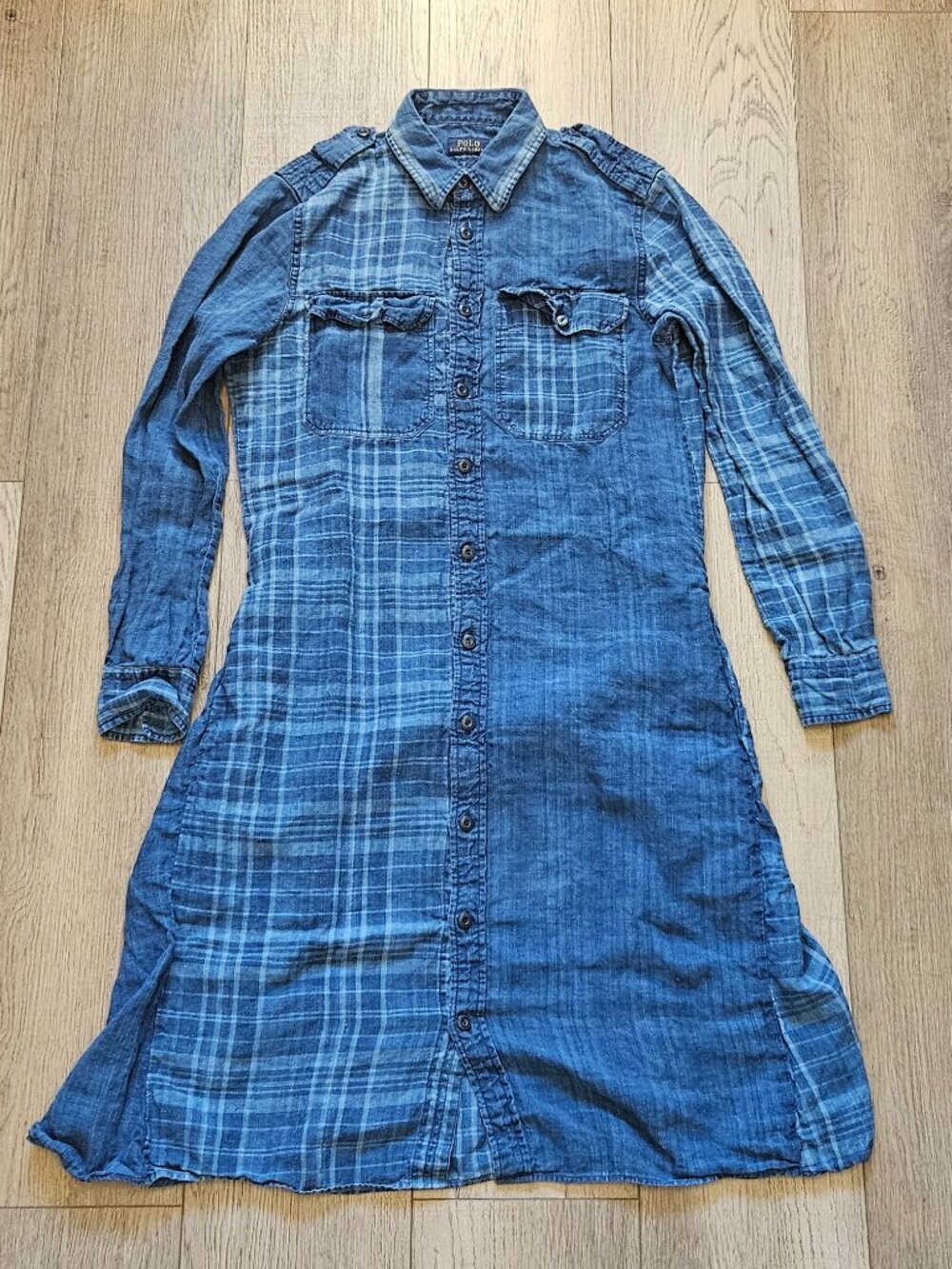 Polo Ralph Lauren Womens Size 6 Blue Plaid Linen Cotton Long Sleeve Shirt Dress